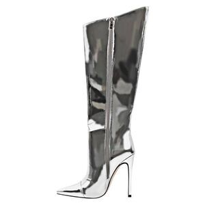 (T-4395)  Only Maker Women's Mid Calf Boots, Knee High Boots, Silver Sz 10